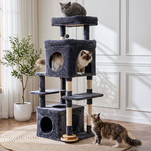 55" Multi-Level Cat Tree Tower with 2 Spacious Cat Condos, Natural Sisal Scratching Posts, Rotatable Wooden Turntable Toy & Hanging Ball, Soft Plush Perch Platforms, Indoor Cat Activity Furniture
