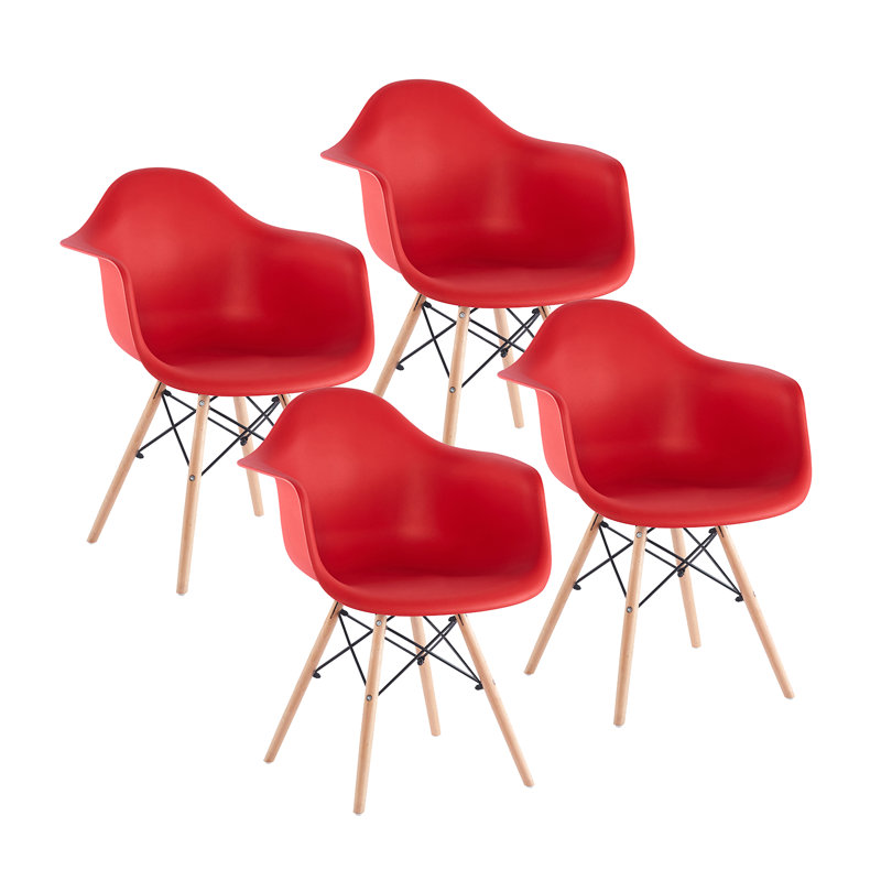 Hermina Plastic Dining Chair with Beechwood Legs, Red, 4