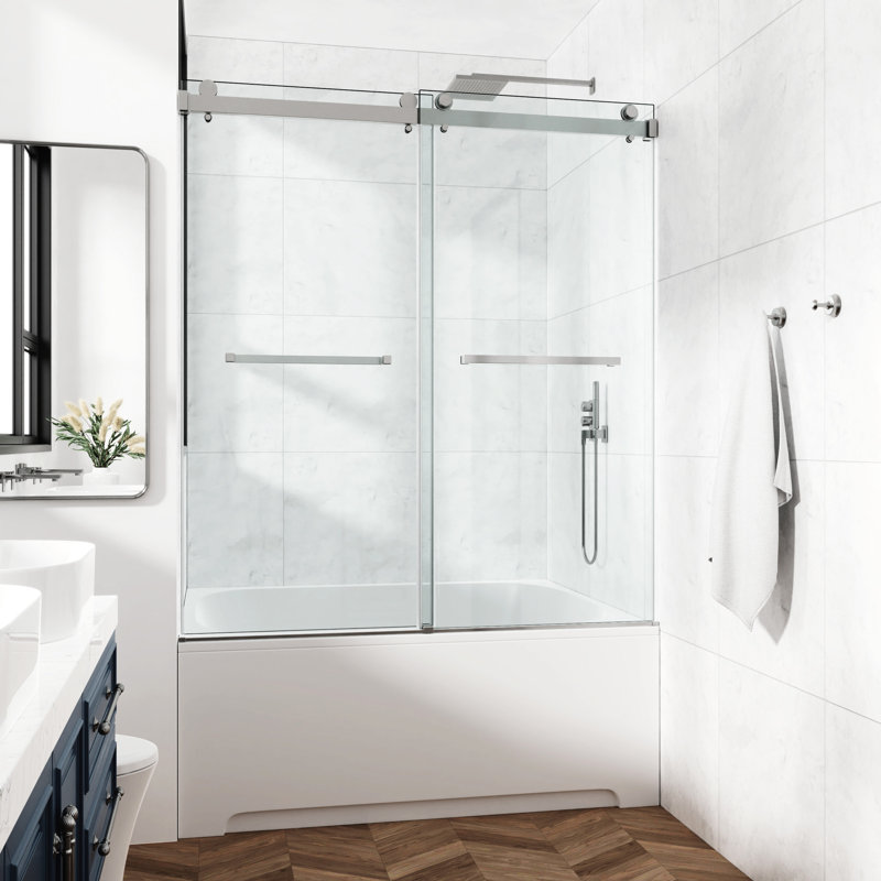 Porte de douche double coulissante de 76 po de largeur, 48 po de profondeur, verre trempé 3/8 po, nickel brossé en acier inoxydable, acier nickel optimisé pour l'espace 10 mm, aspect haut de gamme