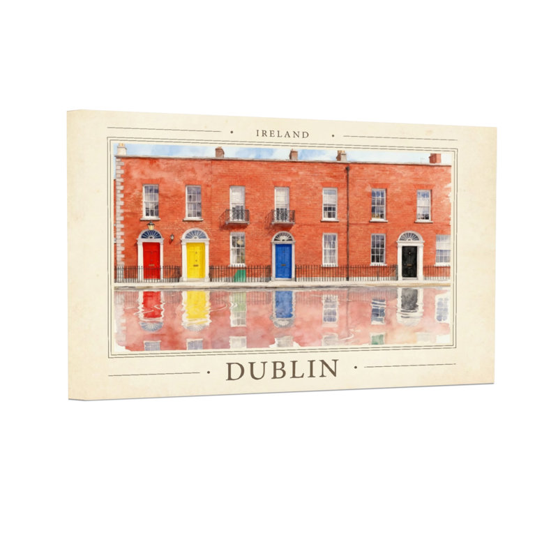 «Scenic & Cityscapes Dublin Ireland», brique rouge, bâtiment coloré, aquarelle, reproduction d'art, H 24 po x l 36 po