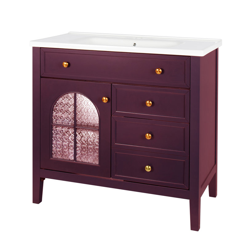 36" Bathroom Vanity With Ceramic Sink & Motion-Sensor Light, Purple