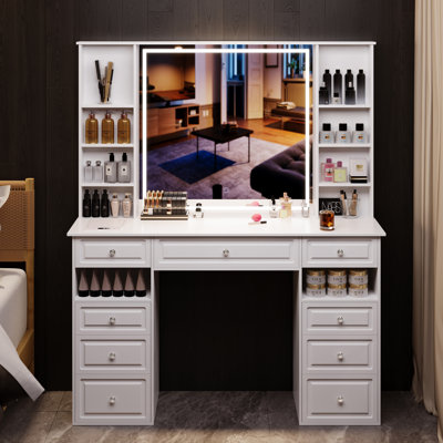 Ensemble de coiffeuse moderne avec miroir éclairé, coiffeuse de maquillage avec boîte à masque, coiffeuse de style européen avec haut-parleur Bluetooth, bureau de maquillage avec chargeur sans fil (blanc-a)