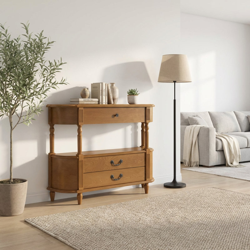 Console rétro en bois courbé avec trois tiroirs et tablette de rangement, canapé derrière le canapé