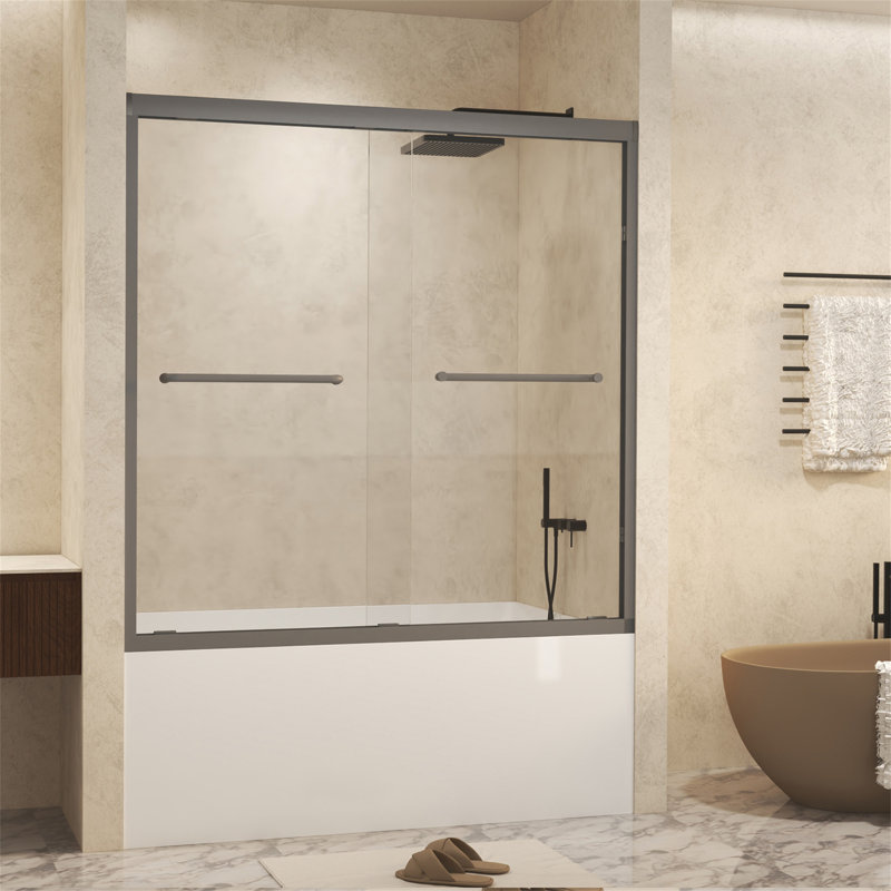 56-60" W ×60" H Tempered Glass With Explosion Proof Film, Aluminum Frame Double Sliding Shower Door, "1/4 (6 Mm), Stainless Steel Handle