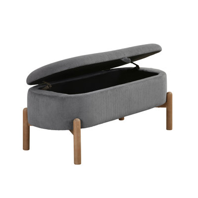 Storage Bench Gray Cushioned Seat Corduroy Upholstery Lift Top Solid Wood Legs 1Pc