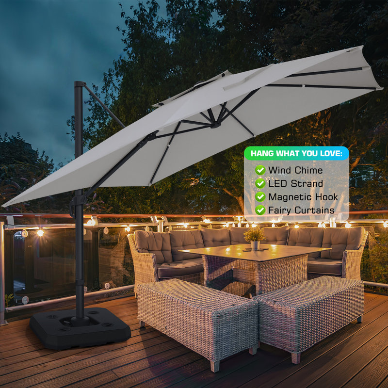biggest size patio umbrella PURPLE LEAF 11 ft. x 15 ft. Large Windproof Aluminum Outdoor Cantilever  offset 360 Rotation Patio Umbrella with Base, Gray PPL4CHC1115-GYB