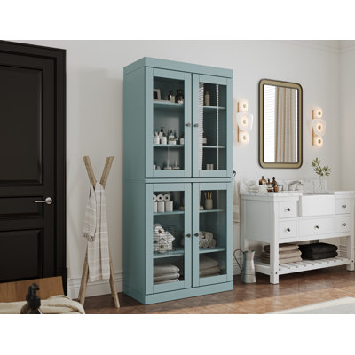 32" 100% Solid Wood Freestanding Bathroom Cabinet with Clear Glass Doors & Adjustable Shelves – Modern Bathroom Storage