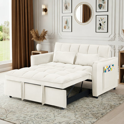 3-in-1 Convertible Velvet Sleeper Loveseat Sofa Bed, Pull Out Couch with Adjustable Backrest, Throw Pillows & Side Storage Pockets for Living Room Bedroom Apartment