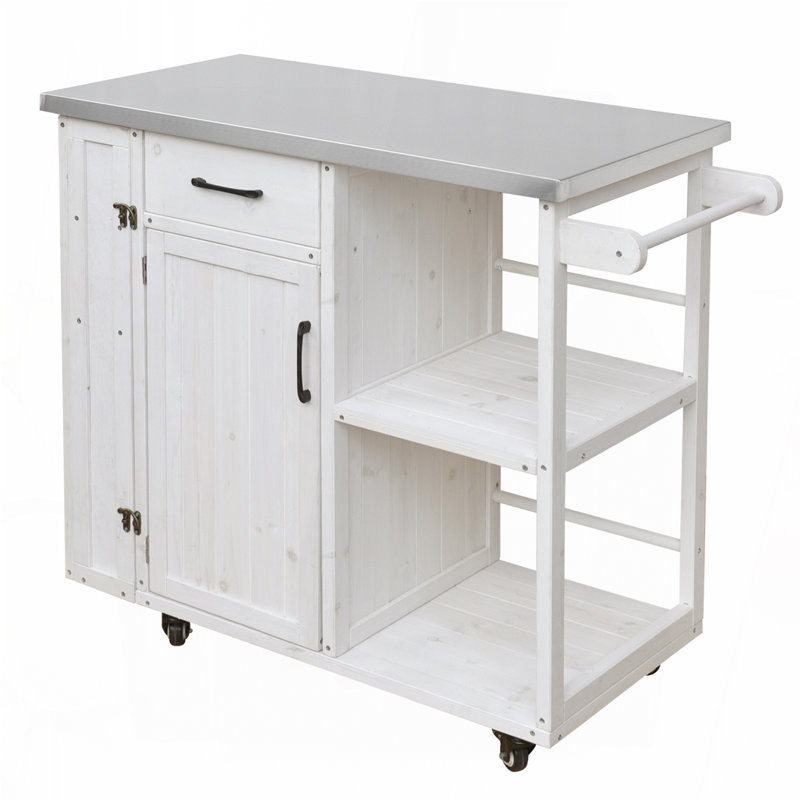 Outdoor Kitchen Island Fir Wood Prep Station Lockable Kitchen Cart with Stainless Top, Ample Storage Space, White