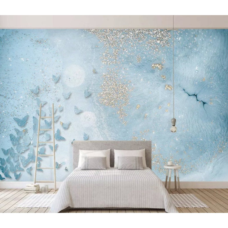 Papier peint aquarelle bleue avec étincelles et papillons, L 48,96 po x l 75 po