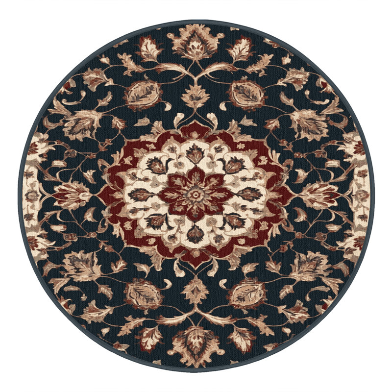 Machine Washable Persian Black Area Rug, Round 7' x 7'