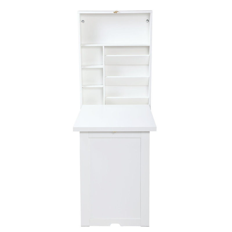 Compact Folding Desk In White For Small Spaces - Storage Included With Adjustable Shelves Home Office Setup