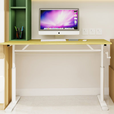 Bureau compact et réglable pour adultes, multifonctionnel pour bureau à domicile, levage manuel, pieds blancs, structure à double colonne, couleur bois, idéal pour étudier ou travailler, support de table ergonomique.