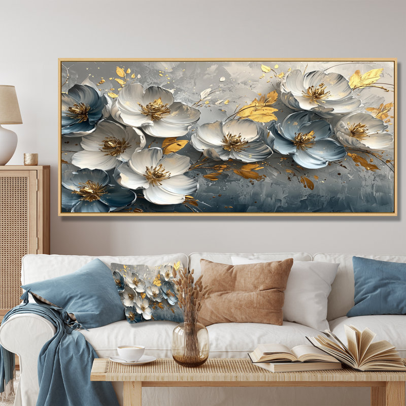 Décoration murale tulipes dorées et velours bleu - Tulipes, H 28 po x l 60 po, Floater Framed, Blanc