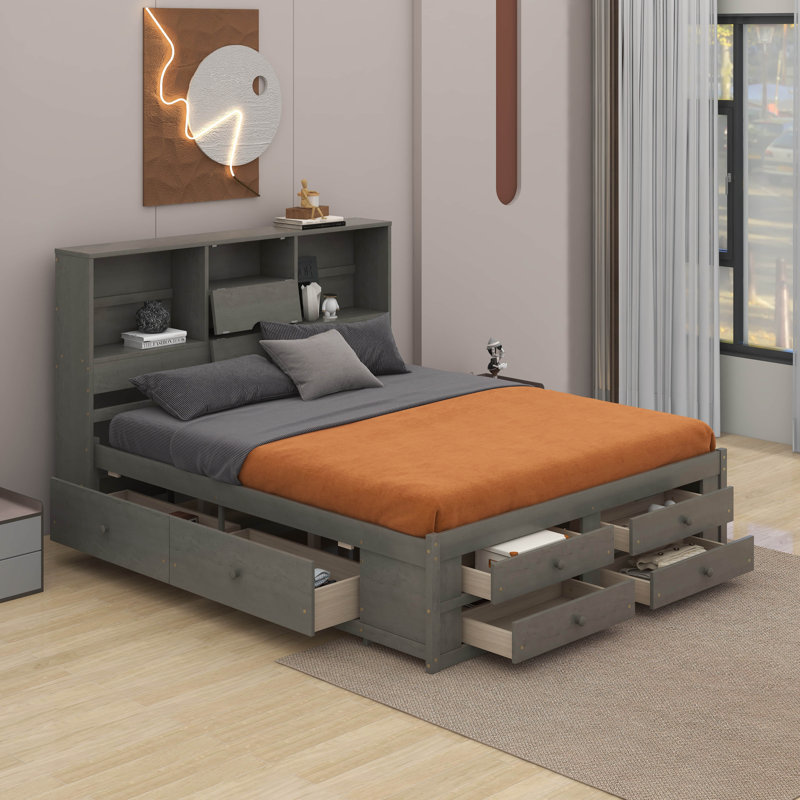 Lit plateforme très grand avec tête de lit et tiroirs de rangement, Gris
