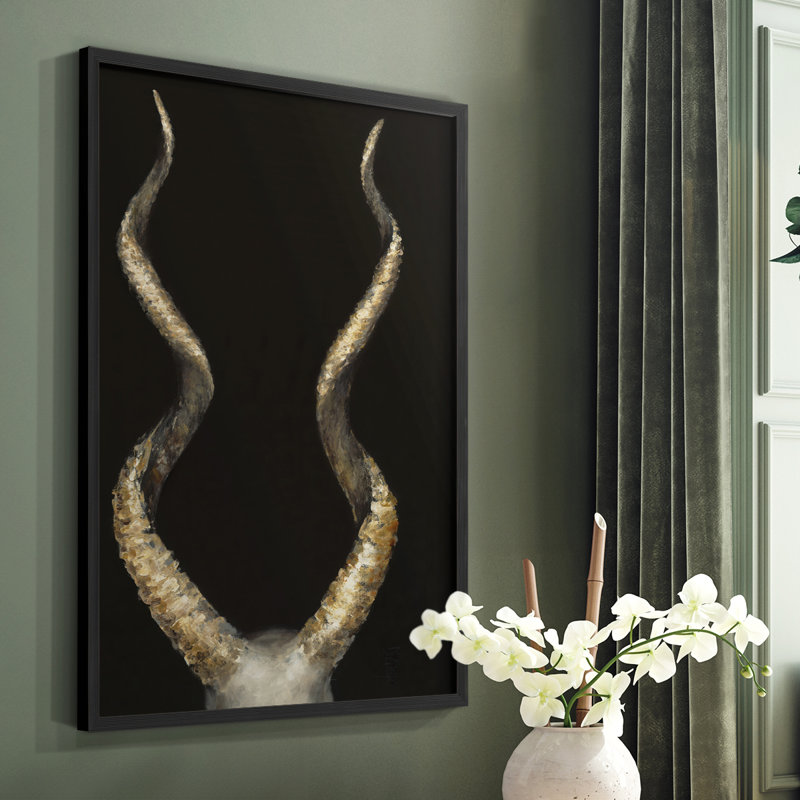 Reproduction encadrée de cornes d'antilope en spirale - bois massif, Noir, H 20 po x l 16 po