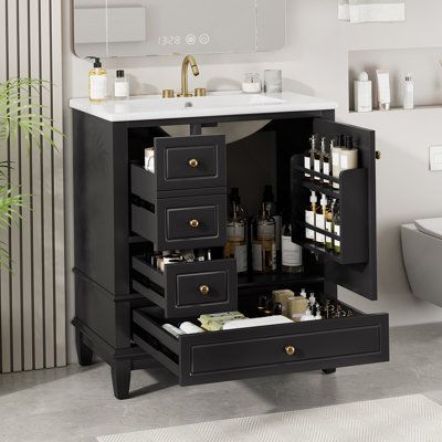 Meuble-lavabo 30 po avec lavabo, une porte avec tablette et trois tiroirs, porte à fermeture douce, noir