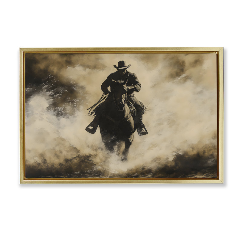 Cadre flottant Dusty Rodeo Cowboy, design par Franklyn Gregory, H 21 po x l 31 po, Cadre flottant métallique doré
