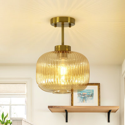 1-Light Ribbed Amber Glass Semi-Flush Mount Ceiling Light