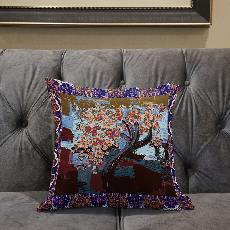 Housse et insert de coussin carré en polyester intérieur / extérieur, 18 po x 18 po, Crème / Bleu / Brun