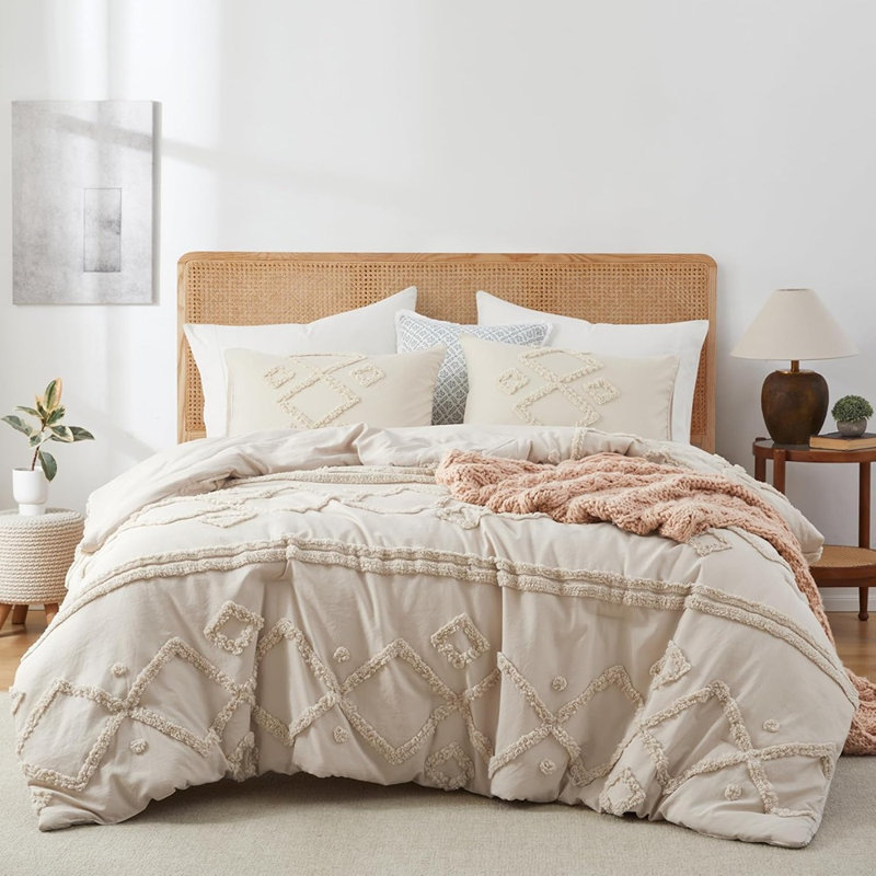 Ensemble d'édredon pour grand lit, 3 pièces de literie bohème touffetée avoine, édredon moelleux toutes saisons avec 2 taies d'oreiller