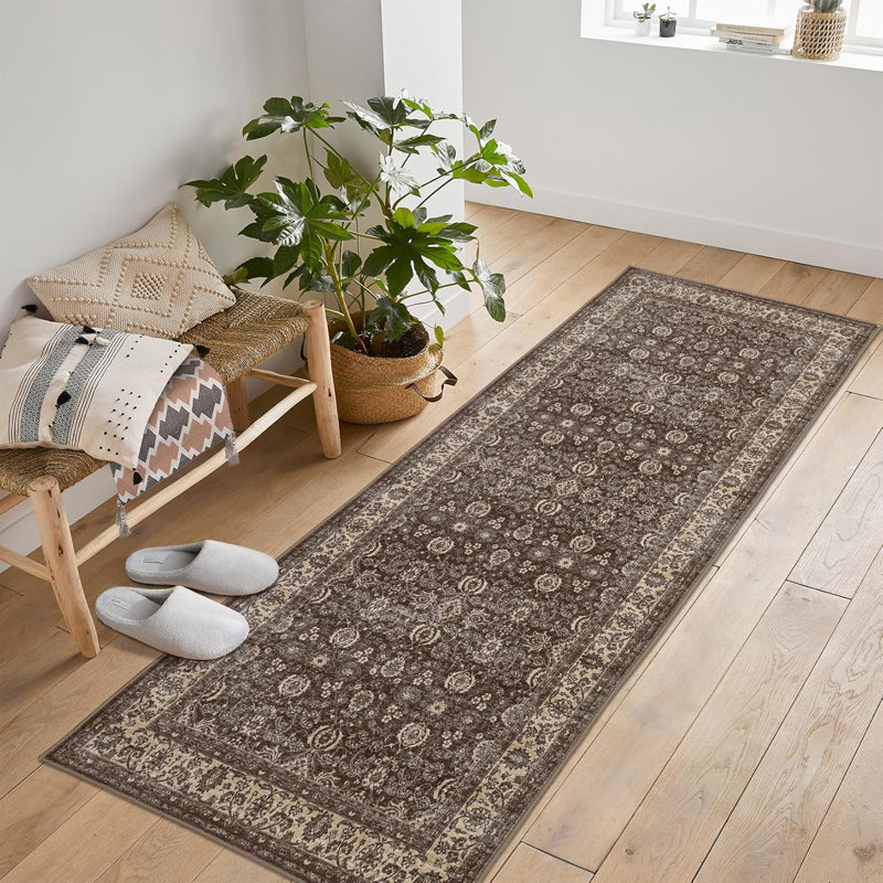 Non-Slip Washable Kitchen & Hallway Low Pile Vintage Floral, Stain Resistant, Runner 1'9" x 6'