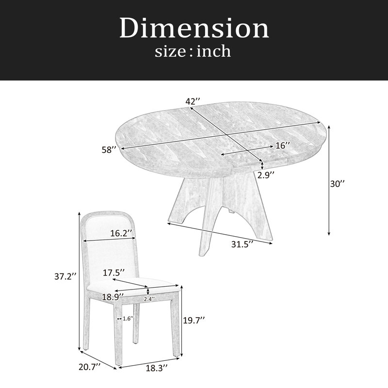 Ensemble de table de salle à manger extensible vintage pour 4 à 6 personnes avec 4 chaises rembourrées, ensemble de table de cuisine rustique de 42 à 58 pouces avec finition patinée et pieds croisés robustes