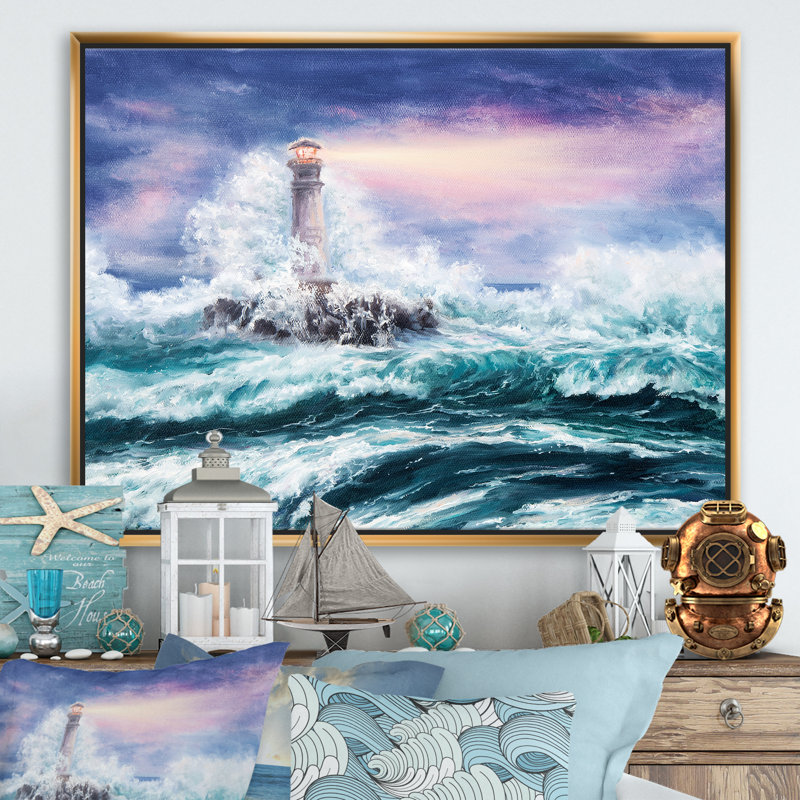 Phare sauvage bleu océan vagues - reproduction d'art sur toile, H 12 po x l 20 po x p 1 po, Toile encadrée d'or