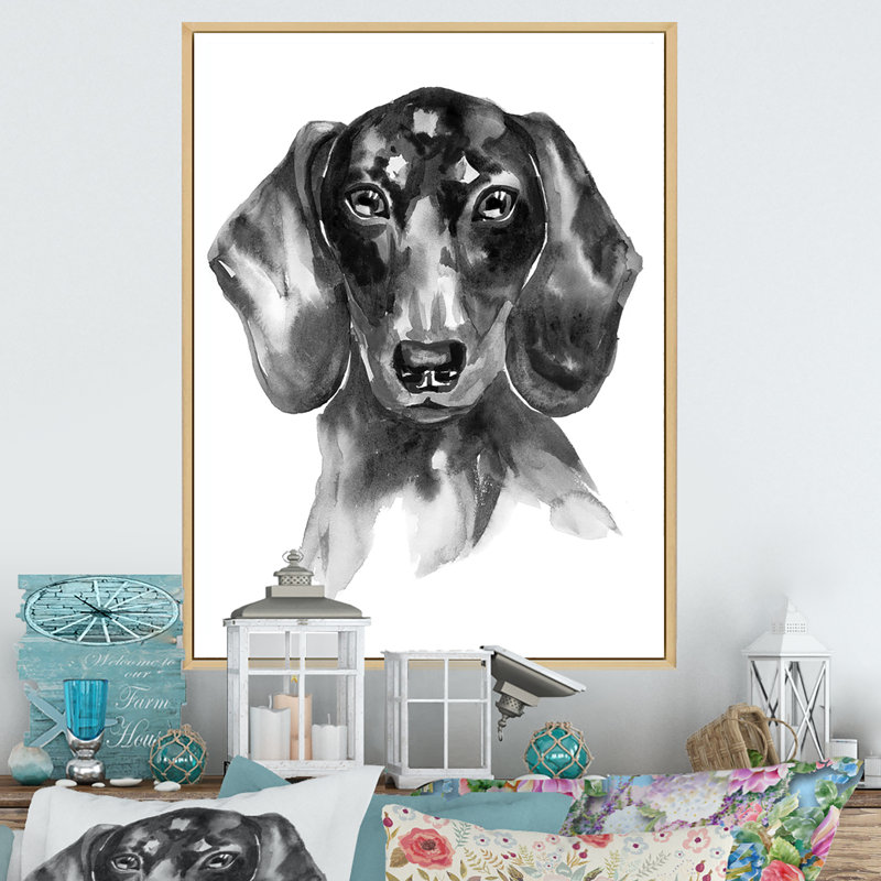 " Sweepy the Dachshund II " Watercolor Painting, 36" H x 24" W x 1" D, Beige Floater Framed Canvas