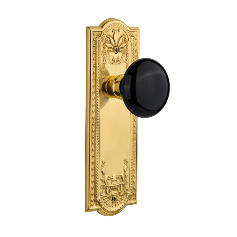 Meadows Plate with Black Porcelain Door Knob, Unlacquered Brass
