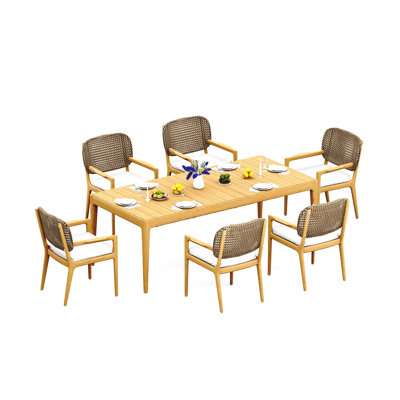 Ensemble de salle à manger en bois de teck Grade-A: table rectangulaire Amilo de 84 po et fauteuils Akyee # 11AK3008
