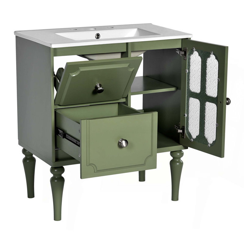 Ensemble de meuble-lavabo de style rétro avec lavabo en céramique 30 po, meuble-lavabo simple autoportant avec 2 tiroirs et armoire de rangement en bois massif