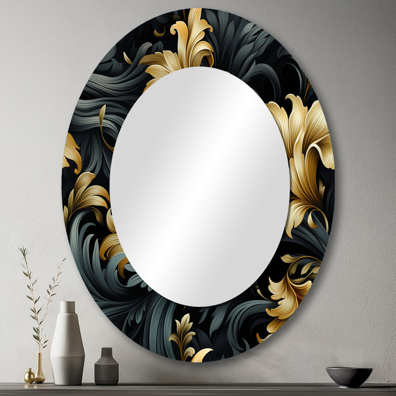 Elegant Ebony And Beige Flowers Pattern - Paisley Oval Decorative Mirror On Metal, 43" H x 33" W