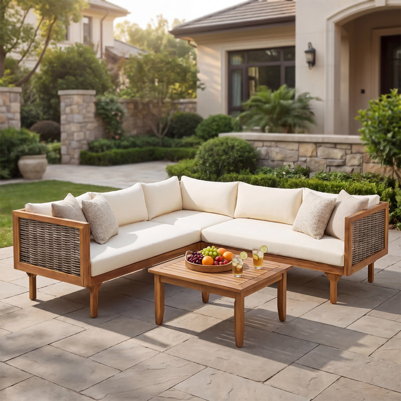 Ensemble modulaire d'extérieur 4 pièces en bois d'acacia avec coussins d'épaisseur