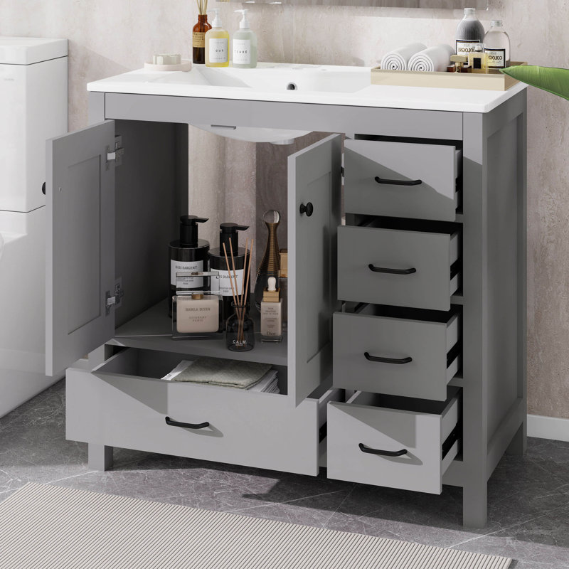 Meuble-lavabo de 36 po avec lavabo, meuble-lavabo avec 5 tiroirs à fermeture en douceur et 2 portes à fermeture en douceur