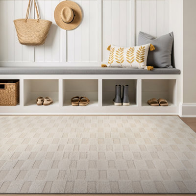 Tapis d'intérieur à damier vert sauge tissé à la machine, doux et moelleux, à hauteur variable.