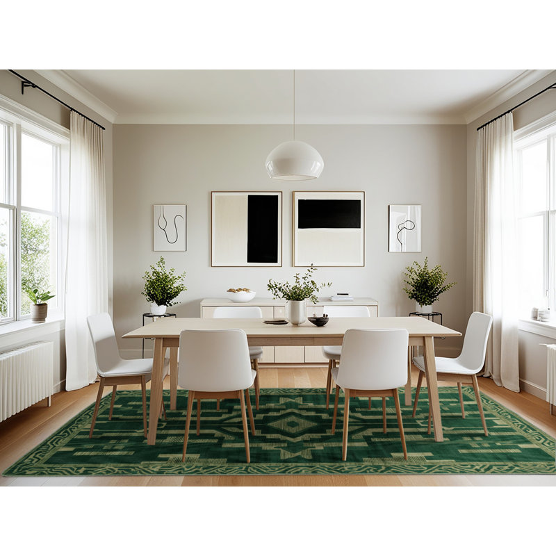 Machine Washable Art Deco Green Area Rug, Rectangle 7' x 10'