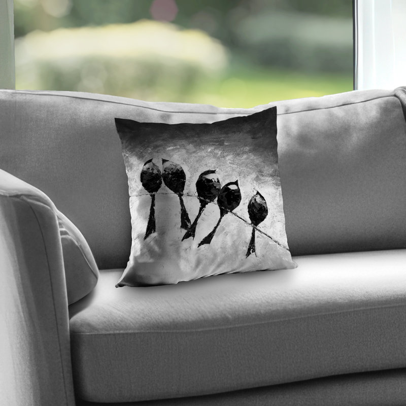 Five Birds Perched Throw Pillow - White – Poly Twill Throw Pillow with Insert, Double-Sided Print