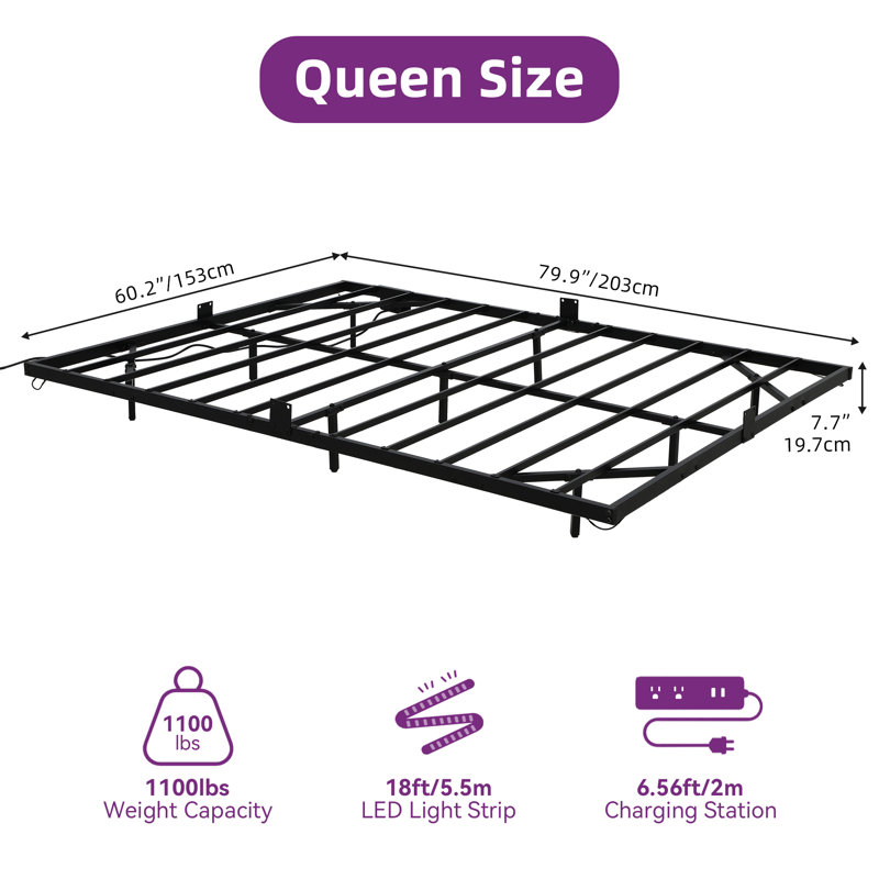 Floating Metal Bed Frame with LED Lights and Charging Station, Queen