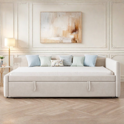 Upholstered L-shaped Daybed With Pop Up Trundle And Vertical Stripe Patterns
