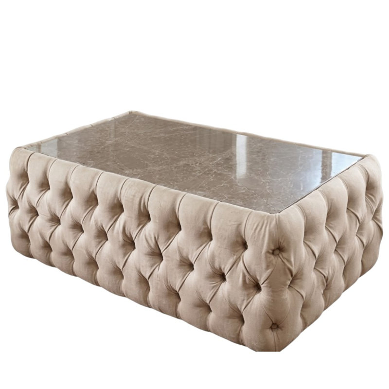 Chichay 42 In. Beige Rectangle Faux Marble Coffee Table With Button Tufting