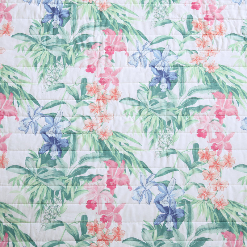 Island Orchid Quilt, White/Green/Pink, Queen Quilt + 2 Standard Shams