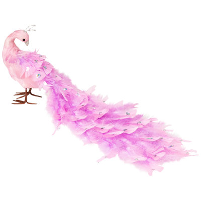 Décoration de Noël en forme de paon scintillant et orné de bijoux avec de petites fausses perles - 22 po - Rose