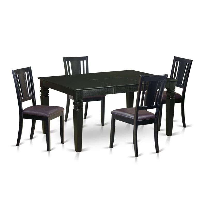 Ensemble de salle à manger 5 pièces pour 4 personnes comprenant une table rectangulaire avec rallonge papillon et 4 chaises de salle à manger en similicuir, 107 x 152 cm, noir