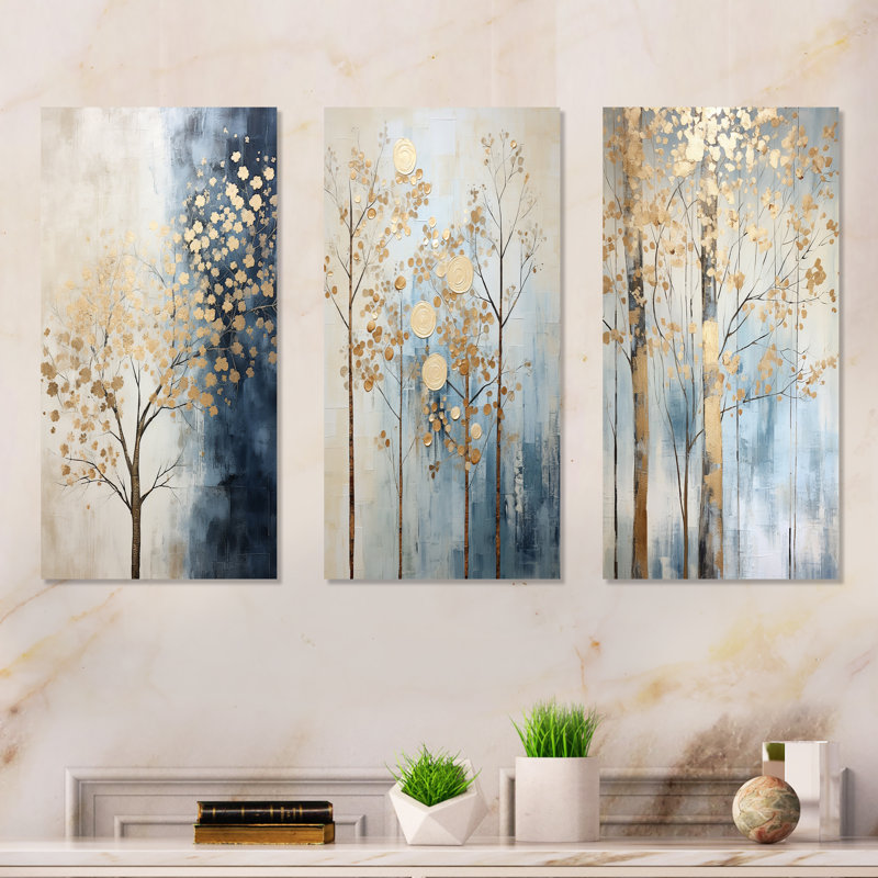 Or et bleu, trésors, paysages, arbres, ensemble de 3 impressions sur toile, H 28 po x l 36 po, Toile tendue