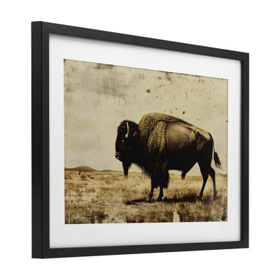 Rustic Lone Buffalo Framed Print Under Glass, design by Franklyn Gregory