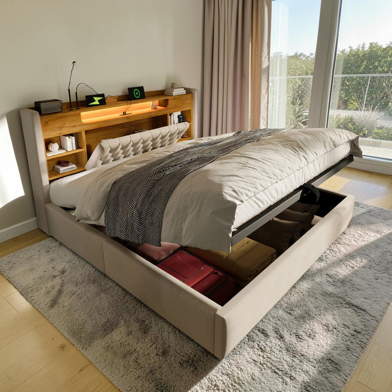 Linen 4ft6 Double Bed with Hydraulic Storage Upholstered Bed Frame with LED Lighting & Charging Station, Storage Headboard (No Mattress)
