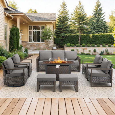 Drazen 9 - Person Patio Furniture Set With Fire Pit Table, All-Weather Wicker Outdoor Conversation Set With Chair And Thick Cushions