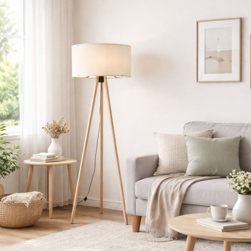 Lampe sur pied scandinave, crème et chêne, 15,0 x 55,1 pouces | 70% panneau de fibres à densité moyenne et 30% tissu de PVC | Douille E27, 40 W maximum | Interrupteur marche / arrêt sur le câble | Design élégant et moderne pour le salon, la chambre à coucher et le bureau à domicile