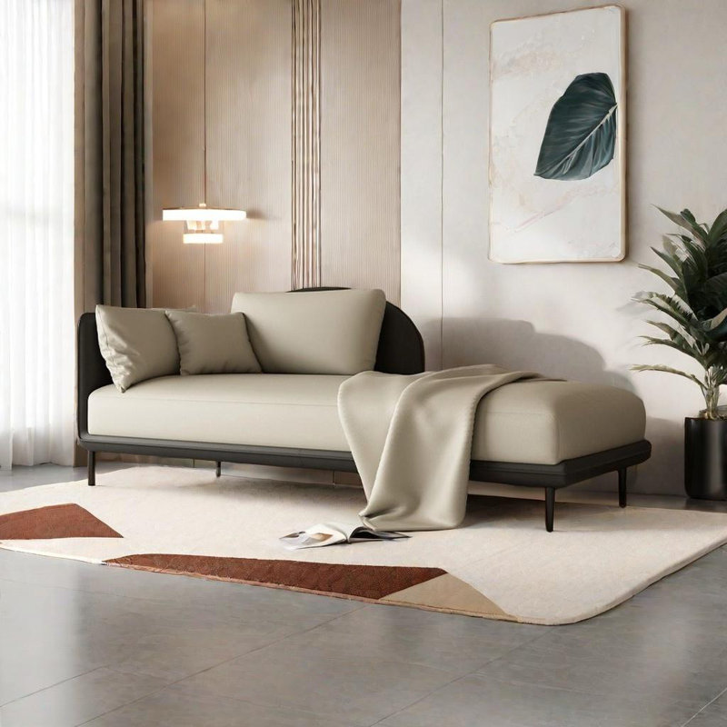 Chaise longue - Confort éponge et similicuir, Orienté à gauche (vu de face), Beige blanc / noir